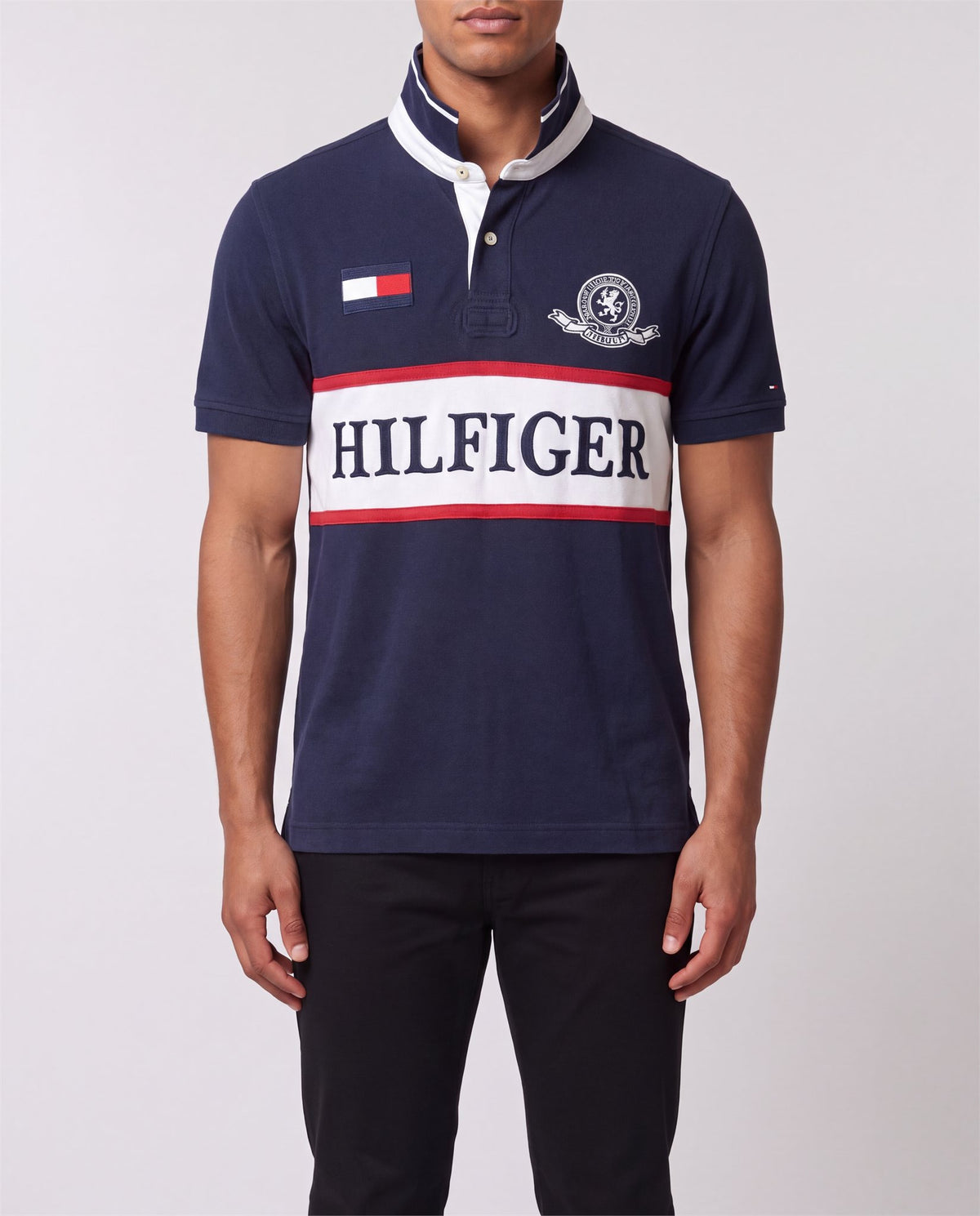 Tommy Hilfiger Navy Polo front view, S, 90s vintage, PrimeSupply