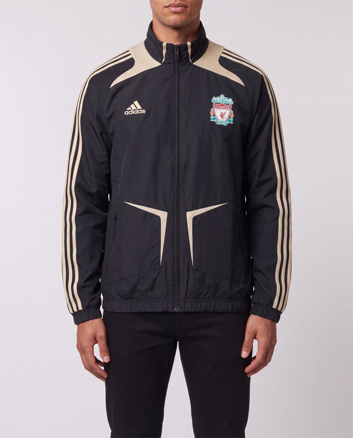 Adidas Liverpool Jacket, black with gold stripes and club crest, Y2K vintage, worn by model, front view