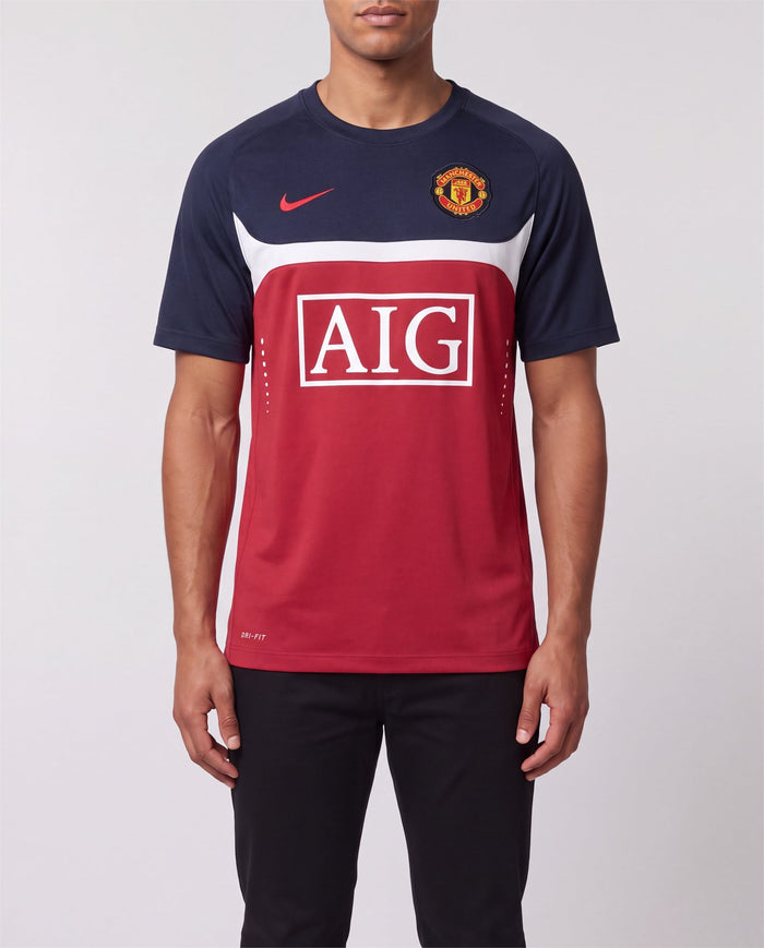 Nike Manchester United Shirt, red and navy with AIG print, Y2K vintage, worn by model, front view