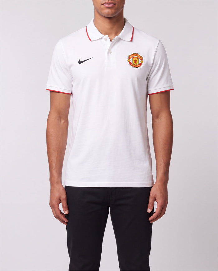 Nike Manchester United Polo, white with red trim and club crest, Y2K vintage, worn by model, front view